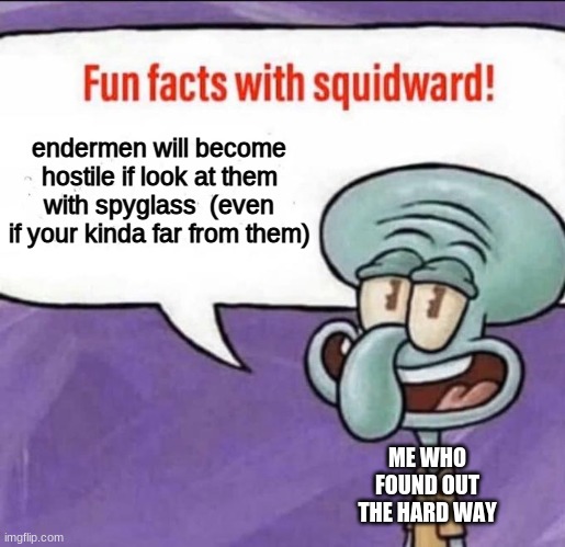 i didnt die but still though people needed to know this | endermen will become hostile if look at them with spyglass  (even if your kinda far from them); ME WHO FOUND OUT THE HARD WAY | image tagged in fun facts with squidward | made w/ Imgflip meme maker