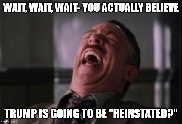 J Jonah Jameson laughing | WAIT, WAIT, WAIT- YOU ACTUALLY BELIEVE; TRUMP IS GOING TO BE "REINSTATED?" | image tagged in j jonah jameson laughing | made w/ Imgflip meme maker