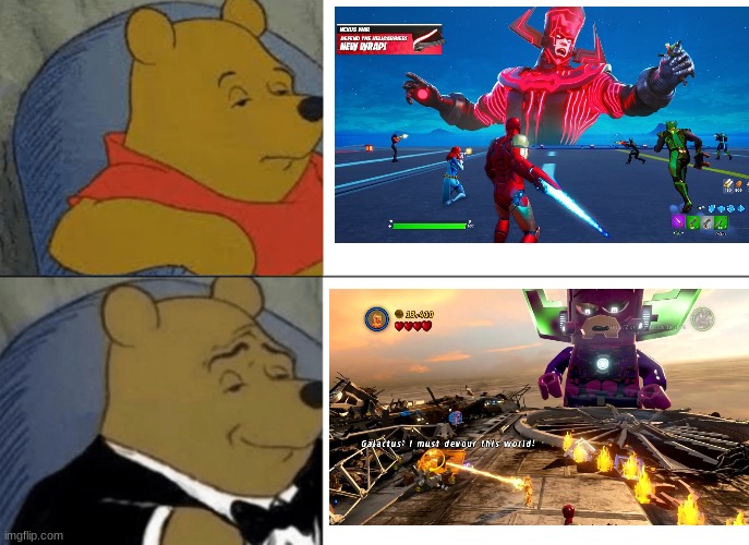 Go lego Galactus | image tagged in memes,tuxedo winnie the pooh,lego,fortnite | made w/ Imgflip meme maker