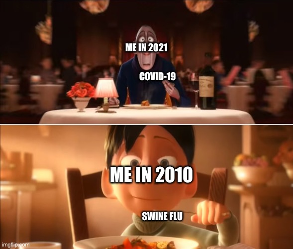 Same Vibe. | ME IN 2021; COVID-19; ME IN 2010; SWINE FLU | image tagged in anton ego,memes,2010,swine flu,2021,covid-19 | made w/ Imgflip meme maker