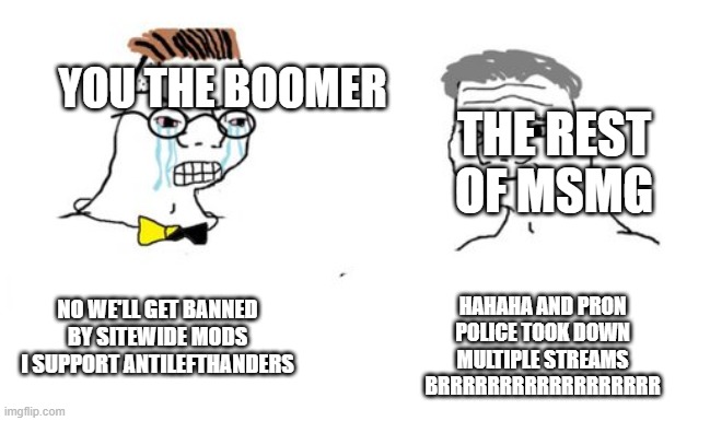 Zoomer vs. Boomer | YOU THE BOOMER NO WE'LL GET BANNED BY SITEWIDE MODS I SUPPORT ANTILEFTHANDERS THE REST OF MSMG HAHAHA AND PRON POLICE TOOK DOWN MULTIPLE STR | image tagged in zoomer vs boomer | made w/ Imgflip meme maker