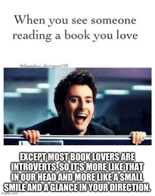 Bookworm Truths | EXCEPT MOST BOOK LOVERS ARE INTROVERTS, SO IT'S MORE LIKE THAT IN OUR HEAD AND MORE LIKE A SMALL SMILE AND A GLANCE IN YOUR DIRECTION. | image tagged in books,truth,introvert | made w/ Imgflip meme maker