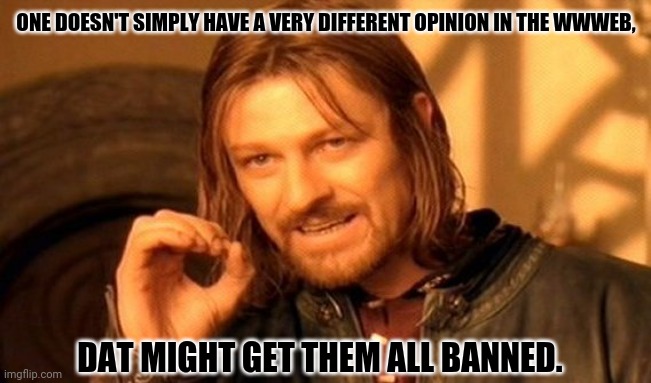 One Does Not Simply Meme | ONE DOESN'T SIMPLY HAVE A VERY DIFFERENT OPINION IN THE WWWEB, DAT MIGHT GET THEM ALL BANNED. | image tagged in memes,one does not simply,speech | made w/ Imgflip meme maker