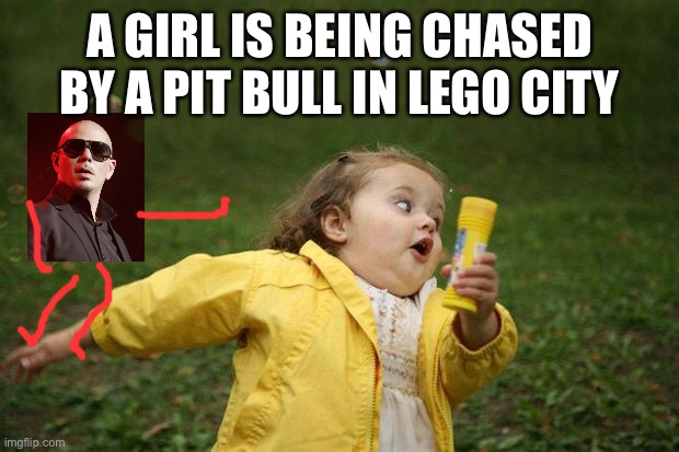 A girl is being chased by a pitbull in lego city | A GIRL IS BEING CHASED BY A PIT BULL IN LEGO CITY | image tagged in girl running | made w/ Imgflip meme maker
