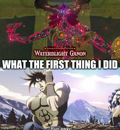 WHAT THE FIRST THING I DID | image tagged in jojo running away,the legend of zelda breath of the wild,zelda,nintendo switch,nintendo,jojo meme | made w/ Imgflip meme maker