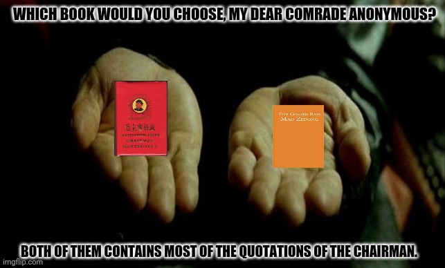 Matrix Pills | WHICH BOOK WOULD YOU CHOOSE, MY DEAR COMRADE ANONYMOUS? BOTH OF THEM CONTAINS MOST OF THE QUOTATIONS OF THE CHAIRMAN. | image tagged in memes,matrix pills,communist dog | made w/ Imgflip meme maker