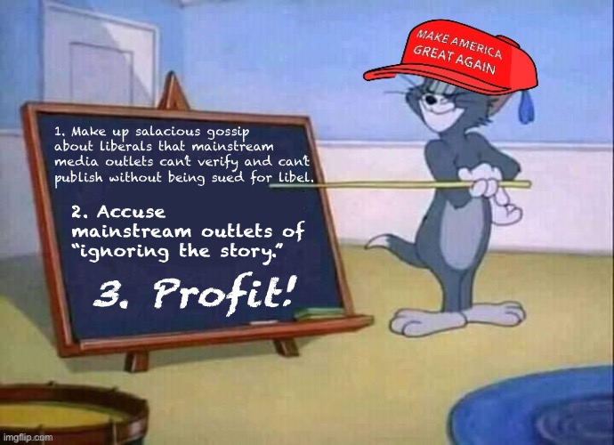 4. Rinse & repeat. How right-wing “investigative journalism” works in our post-truth era. | 1. Make up salacious gossip about liberals that mainstream media outlets can’t verify and can’t publish without being sued for libel. 2. Accuse mainstream outlets of “ignoring the story.”; 3. Profit! | image tagged in maga tom jerry chalkboard,propaganda,facts,rumors,right wing,conservative logic | made w/ Imgflip meme maker