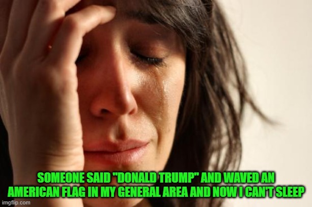 Leftism is a sickness one can rarely recover from. If you or a loved one suffers from this sickness, please get help. | SOMEONE SAID "DONALD TRUMP" AND WAVED AN AMERICAN FLAG IN MY GENERAL AREA AND NOW I CAN'T SLEEP | image tagged in memes,first world problems | made w/ Imgflip meme maker