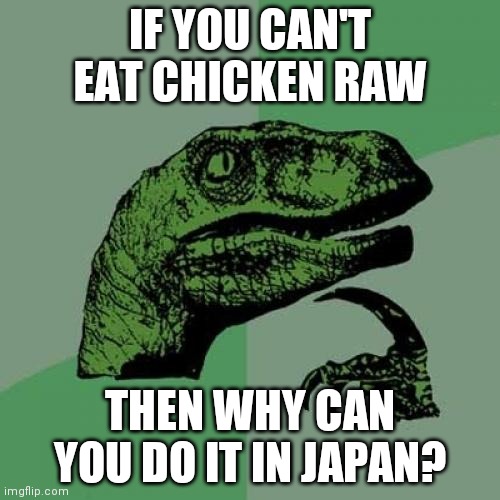 Are the Japanese just crazy or something? | IF YOU CAN'T EAT CHICKEN RAW; THEN WHY CAN YOU DO IT IN JAPAN? | image tagged in memes,philosoraptor | made w/ Imgflip meme maker