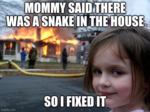 HHehehehehehehhzHHEHehhehehehHHEHEHHHAHHAHAHAHHHhehehehehe | MOMMY SAID THERE WAS A SNAKE IN THE HOUSE; SO I FIXED IT | image tagged in memes,disaster girl | made w/ Imgflip meme maker