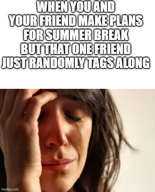 Randomly Appears out of nowhere- |  WHEN YOU AND YOUR FRIEND MAKE PLANS FOR SUMMER BREAK BUT THAT ONE FRIEND JUST RANDOMLY TAGS ALONG | image tagged in blank white template,memes,first world problems | made w/ Imgflip meme maker