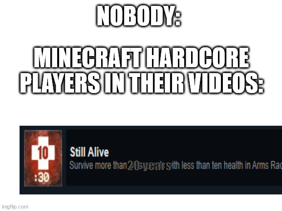 the truth | NOBODY:; MINECRAFT HARDCORE PLAYERS IN THEIR VIDEOS:; 20 years | image tagged in blank white template | made w/ Imgflip meme maker