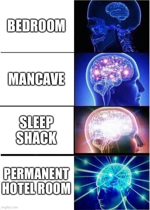 Day 2 of me running out of titles |  BEDROOM; MANCAVE; SLEEP SHACK; PERMANENT HOTEL ROOM | image tagged in memes,expanding brain,bedroom | made w/ Imgflip meme maker