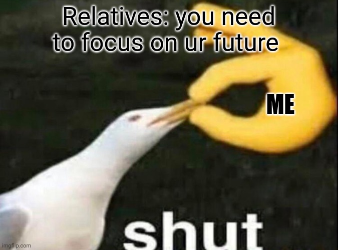 Why can't relatives vanish do you agree? | Relatives: you need to focus on ur future; ME | image tagged in shut | made w/ Imgflip meme maker