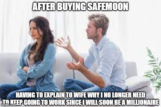 SFM | AFTER BUYING SAFEMOON; HAVING TO EXPLAIN TO WIFE WHY I NO LONGER NEED TO KEEP GOING TO WORK SINCE I WILL SOON BE A MILLIONAIRE | image tagged in sfm | made w/ Imgflip meme maker