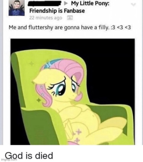 And that was when god abandoned us and died | image tagged in fluttershy,mlp,my little pony,facebook,every day we stray further from god | made w/ Imgflip meme maker