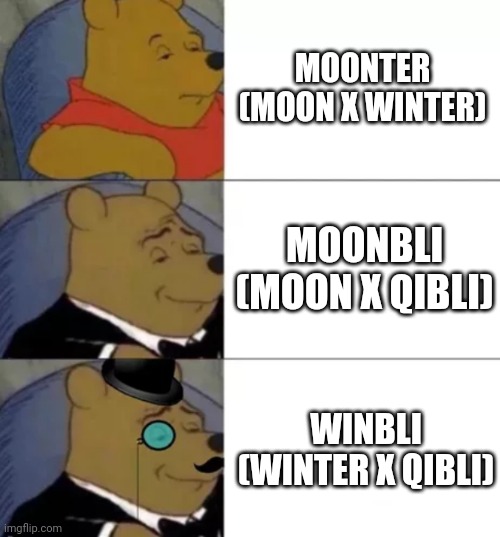 Wof fandom in nutshell | MOONTER (MOON X WINTER); MOONBLI (MOON X QIBLI); WINBLI (WINTER X QIBLI) | image tagged in fancy pooh | made w/ Imgflip meme maker