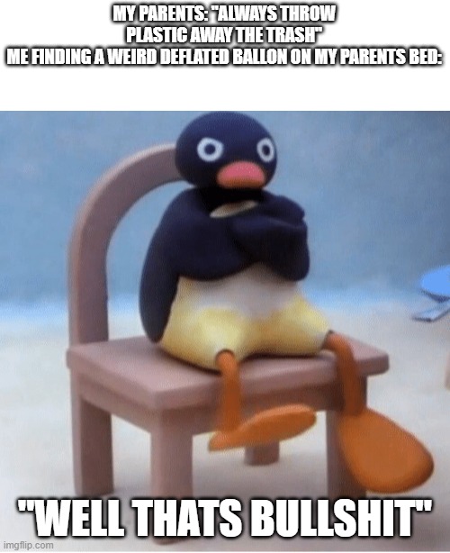 ha | MY PARENTS: "ALWAYS THROW PLASTIC AWAY THE TRASH"
ME FINDING A WEIRD DEFLATED BALLON ON MY PARENTS BED:; "WELL THATS BULLSHIT" | image tagged in angry penguin | made w/ Imgflip meme maker