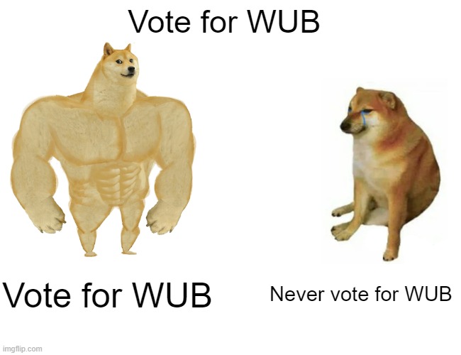 wub |  Vote for WUB; Vote for WUB; Never vote for WUB | image tagged in memes,buff doge vs cheems | made w/ Imgflip meme maker