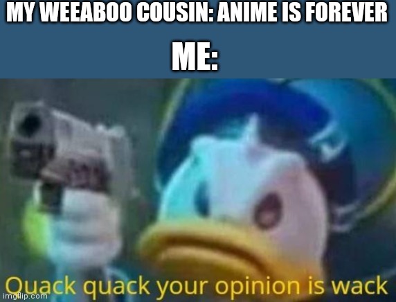 I actually DO have a weeb cousin, but weebs are temporary. DOOM is Eternal! | MY WEEABOO COUSIN: ANIME IS FOREVER; ME: | image tagged in quack quack your opinion is wack | made w/ Imgflip meme maker