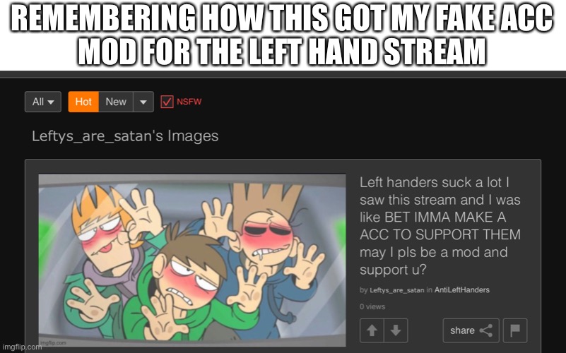 REMEMBERING HOW THIS GOT MY FAKE ACC
MOD FOR THE LEFT HAND STREAM | made w/ Imgflip meme maker