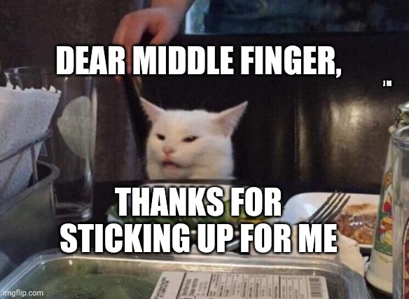 Salad cat | DEAR MIDDLE FINGER, J M; THANKS FOR STICKING UP FOR ME | image tagged in salad cat | made w/ Imgflip meme maker