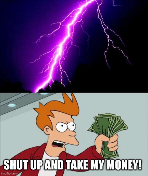SHUT UP AND TAKE MY MONEY! | image tagged in lightning,memes,shut up and take my money fry | made w/ Imgflip meme maker