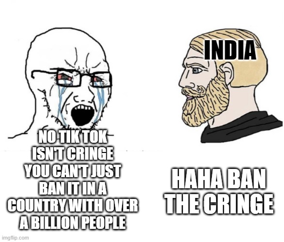 We should follow the way of the ban... | INDIA; NO TIK TOK ISN'T CRINGE YOU CAN'T JUST BAN IT IN A COUNTRY WITH OVER A BILLION PEOPLE; HAHA BAN THE CRINGE | image tagged in soyboy vs yes chad,tik tok | made w/ Imgflip meme maker