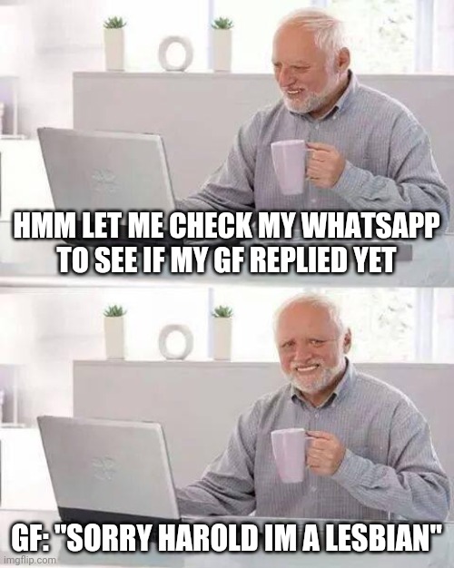 Oh cr*p | HMM LET ME CHECK MY WHATSAPP TO SEE IF MY GF REPLIED YET; GF: "SORRY HAROLD IM A LESBIAN" | image tagged in memes,hide the pain harold | made w/ Imgflip meme maker
