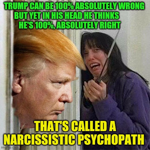 Donald trump here's Donny | TRUMP CAN BE 100% ABSOLUTELY WRONG  BUT YET IN HIS HEAD HE THINKS                  HE'S 100%, ABSOLUTELY RIGHT; THAT'S CALLED A NARCISSISTIC PSYCHOPATH | image tagged in donald trump here's donny | made w/ Imgflip meme maker