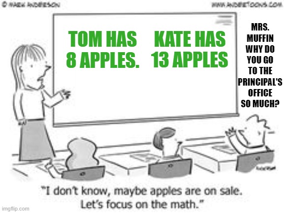 TOM HAS 8 APPLES. KATE HAS 13 APPLES MRS. MUFFIN WHY DO YOU GO TO THE PRINCIPAL'S OFFICE SO MUCH? | made w/ Imgflip meme maker