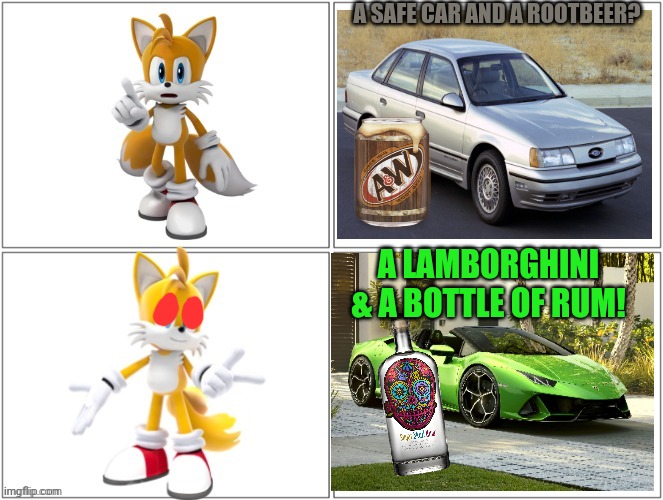 Tails wants a new car! | A SAFE CAR AND A ROOTBEER? A LAMBORGHINI & A BOTTLE OF RUM! | image tagged in drake meme tails,tails the fox,new car,booze,sonic the hedgehog | made w/ Imgflip meme maker