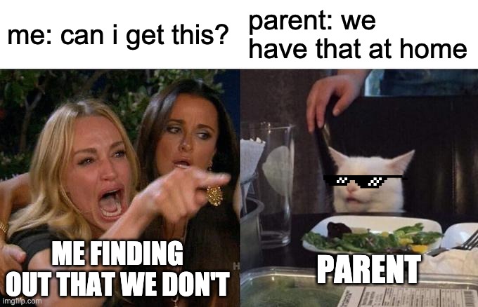 sadge | me: can i get this? parent: we have that at home; ME FINDING OUT THAT WE DON'T; PARENT | image tagged in memes,woman yelling at cat,oof | made w/ Imgflip meme maker