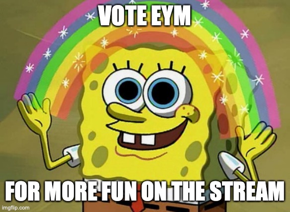 we will better the role-play, and PROTECT THE PEOPLE'S RIGHTS! So vote EYM! | VOTE EYM; FOR MORE FUN ON THE STREAM | image tagged in memes,imagination spongebob,eym | made w/ Imgflip meme maker