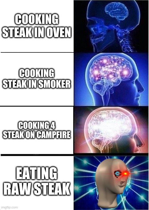 Expanding Brain | COOKING STEAK IN OVEN; COOKING STEAK IN SMOKER; COOKING 4 STEAK ON CAMPFIRE; EATING RAW STEAK | image tagged in memes,expanding brain | made w/ Imgflip meme maker