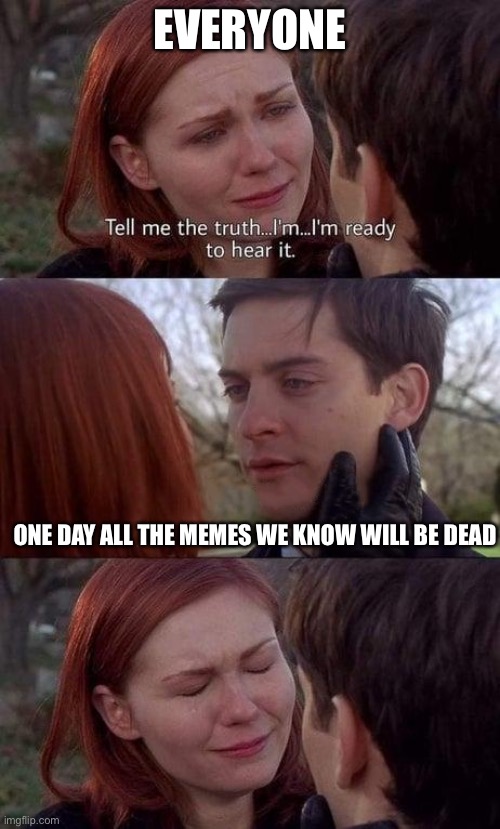 Tell me the truth, I'm ready to hear it | EVERYONE; ONE DAY ALL THE MEMES WE KNOW WILL BE DEAD | image tagged in tell me the truth i'm ready to hear it | made w/ Imgflip meme maker