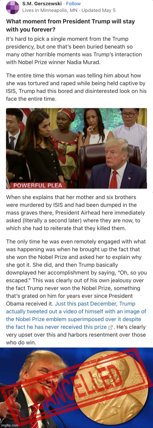 Wow. I didn’t know this one. | image tagged in trump nobel asshole,trump is an asshole,trump is a moron,nobel prize,donald trump,trump | made w/ Imgflip meme maker