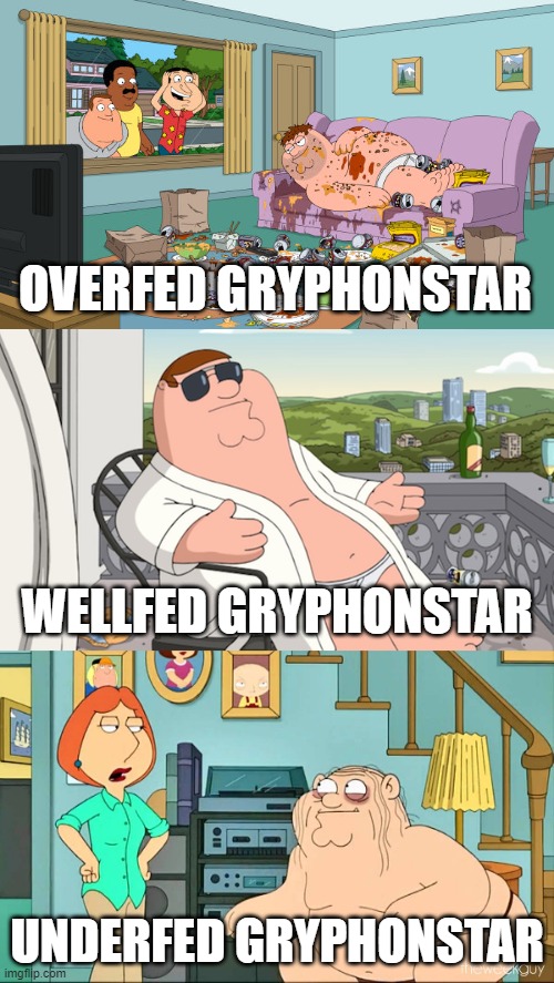 Choose my state of hungry for MOD flesh | OVERFED GRYPHONSTAR; WELLFED GRYPHONSTAR; UNDERFED GRYPHONSTAR | image tagged in peter griffin | made w/ Imgflip meme maker