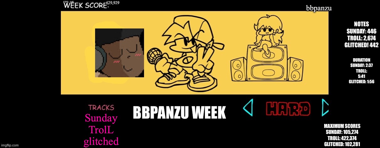 Why | 629,929; bbpanzu; NOTES
SUNDAY: 446
TROLL: 2,674
GLITCHED! 442; DURATION
SUNDAY: 2:37
TROLL: 5:41
GLITCHED: 1:56; BBPANZU WEEK; Sunday
TrolL
glitched; MAXIMUM SCORES
SUNDAY: 105,274
TROLL: 422,374
GLITCHED: 102,281 | image tagged in fnf custom week,funny memes | made w/ Imgflip meme maker