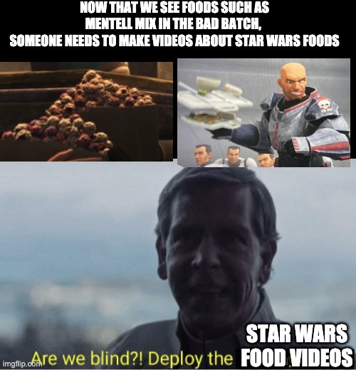 Are we blind? Deploy birthday wishes. | NOW THAT WE SEE FOODS SUCH AS MENTELL MIX IN THE BAD BATCH, 
SOMEONE NEEDS TO MAKE VIDEOS ABOUT STAR WARS FOODS; STAR WARS FOOD VIDEOS | image tagged in are we blind,food,the bad batch | made w/ Imgflip meme maker