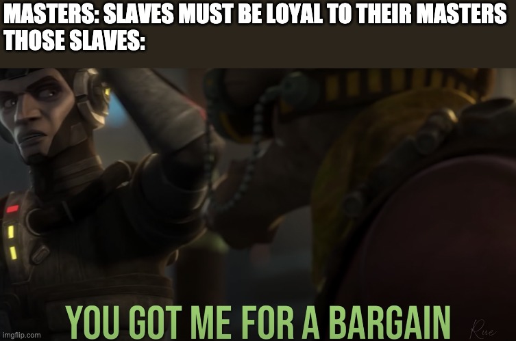 you got me for a bargain | MASTERS: SLAVES MUST BE LOYAL TO THEIR MASTERS
THOSE SLAVES: | image tagged in you got me for a bargain,the bad batch,memes | made w/ Imgflip meme maker