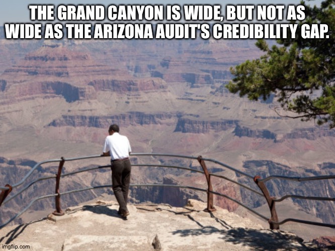 The Grand Canyon | THE GRAND CANYON IS WIDE, BUT NOT AS WIDE AS THE ARIZONA AUDIT'S CREDIBILITY GAP. | image tagged in the grand canyon | made w/ Imgflip meme maker