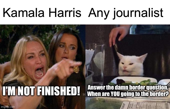 For someone who has never been to the border, Kamala is very defensive. | Kamala Harris; Any journalist; I’M NOT FINISHED! Answer the damn border question. When are YOU going to the border? | image tagged in memes,woman yelling at cat,kamala harris,border wall,media,triggered | made w/ Imgflip meme maker
