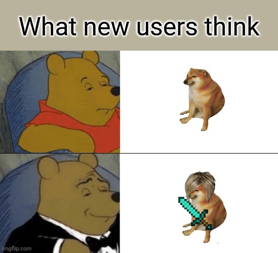 Tuxedo Winnie The Pooh Meme | What new users think | image tagged in memes,tuxedo winnie the pooh | made w/ Imgflip meme maker