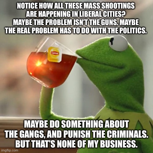 Politics beget gang violence | NOTICE HOW ALL THESE MASS SHOOTINGS ARE HAPPENING IN LIBERAL CITIES? MAYBE THE PROBLEM ISN’T THE GUNS. MAYBE THE REAL PROBLEM HAS TO DO WITH THE POLITICS. MAYBE DO SOMETHING ABOUT THE GANGS, AND PUNISH THE CRIMINALS. BUT THAT’S NONE OF MY BUSINESS. | image tagged in memes,but that's none of my business,kermit the frog,gang,gun,liberal logic | made w/ Imgflip meme maker