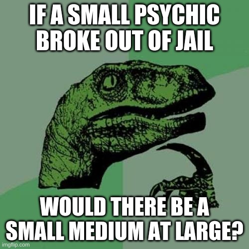 ??? | IF A SMALL PSYCHIC BROKE OUT OF JAIL; WOULD THERE BE A SMALL MEDIUM AT LARGE? | image tagged in memes,philosoraptor,gifs | made w/ Imgflip meme maker
