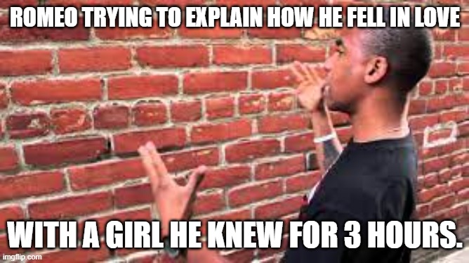 ROMEO TRYING TO EXPLAIN HOW HE FELL IN LOVE; WITH A GIRL HE KNEW FOR 3 HOURS. | image tagged in romeo and juliet | made w/ Imgflip meme maker