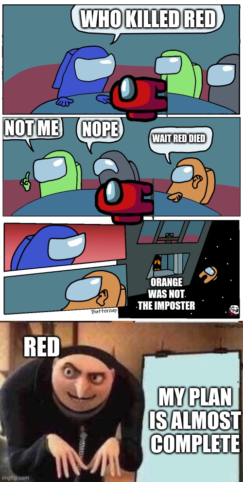 first is red really dead if not where is red and what is red plotting | WHO KILLED RED; NOT ME; NOPE; WAIT RED DIED; ORANGE WAS NOT THE IMPOSTER; RED; MY PLAN IS ALMOST COMPLETE | image tagged in among us meeting,groo idea board | made w/ Imgflip meme maker