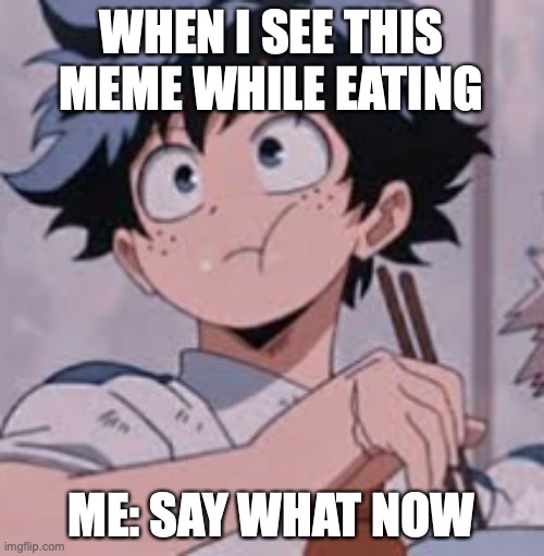 Deku eating Rice | WHEN I SEE THIS MEME WHILE EATING ME: SAY WHAT NOW | image tagged in deku eating rice | made w/ Imgflip meme maker