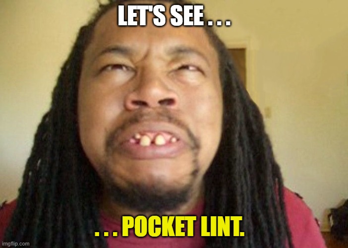 Ugly Confused Dude | LET'S SEE . . . . . . POCKET LINT. | image tagged in ugly confused dude | made w/ Imgflip meme maker